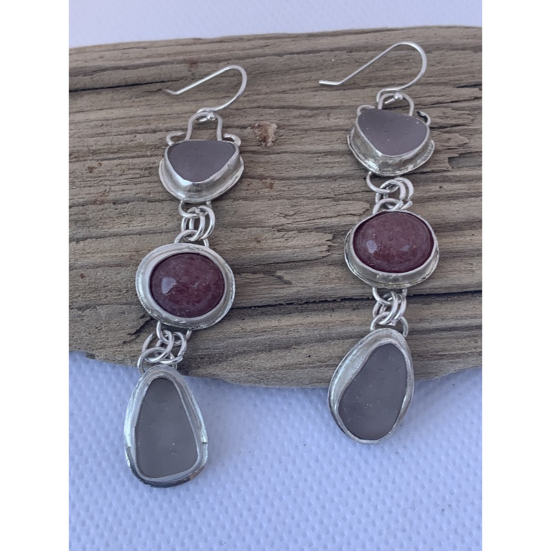 Lepidolite, Lavender Sea Glass & Sterling Silver Dangle/Drop Earrings