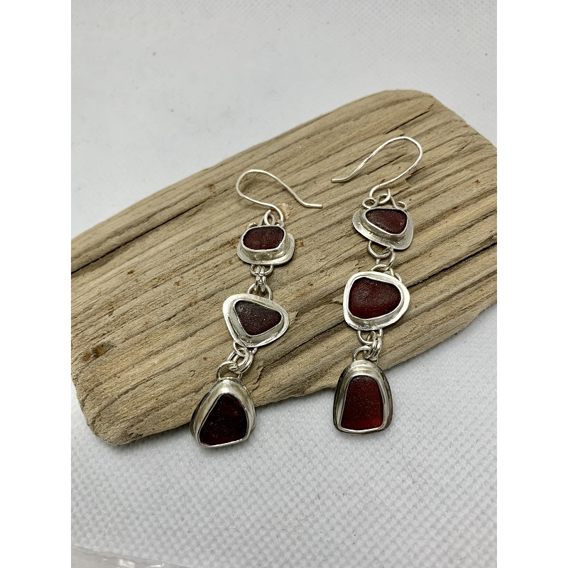 Genuine Red Sea Glass and Sterling Silver Drop/Dangle Earrings