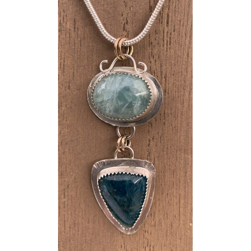 Aquamarine Beryl and Apatite Sterling Silver Pendant