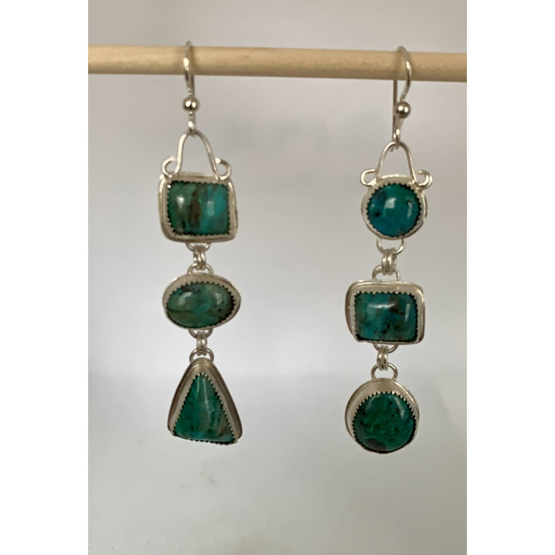 Chrysocolla and Sterling Silver Triple Stone Mismatch Earrings